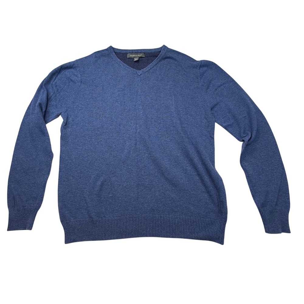 Grayson & Dunn‎ Blue men large V-Neck Sweater Cotton- white thread stitch
